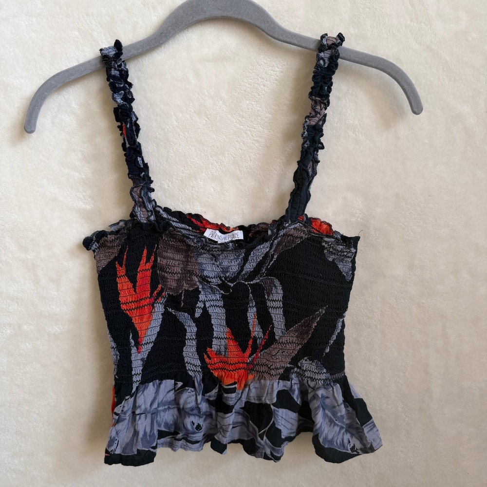 Patrons of Peace Sz S Black Tropical Print Smocked Boho Ruffle Crop Top Rayon